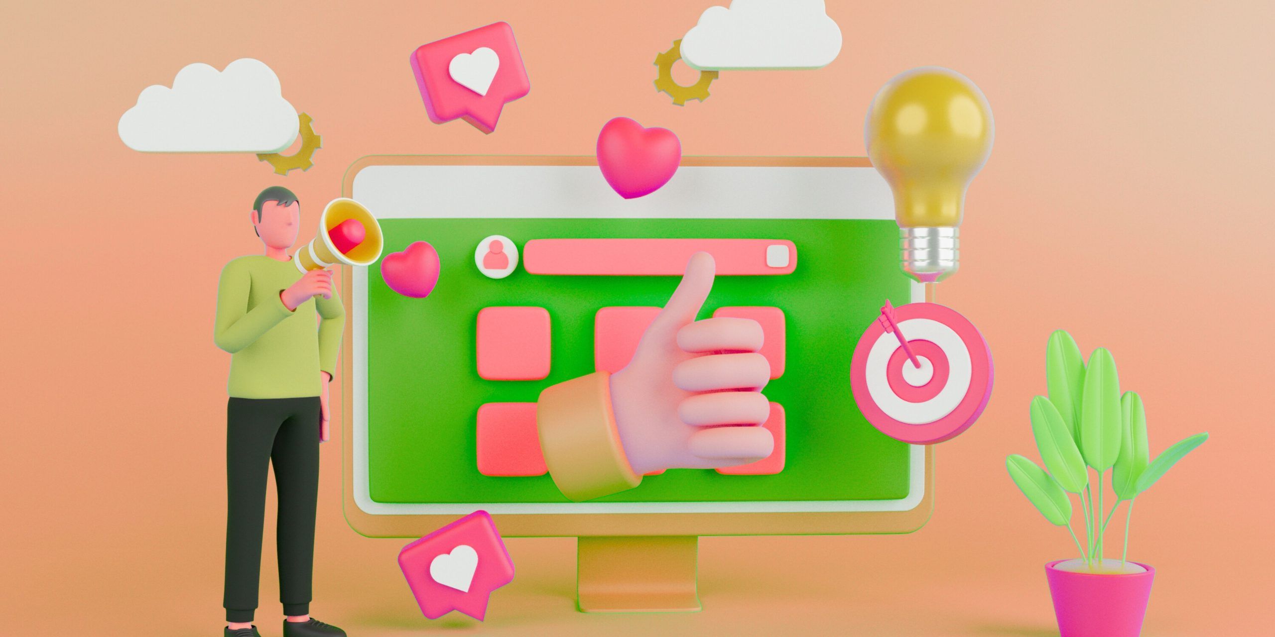 man speaking into microphone with a computer screen, thumbs-up, and social icons