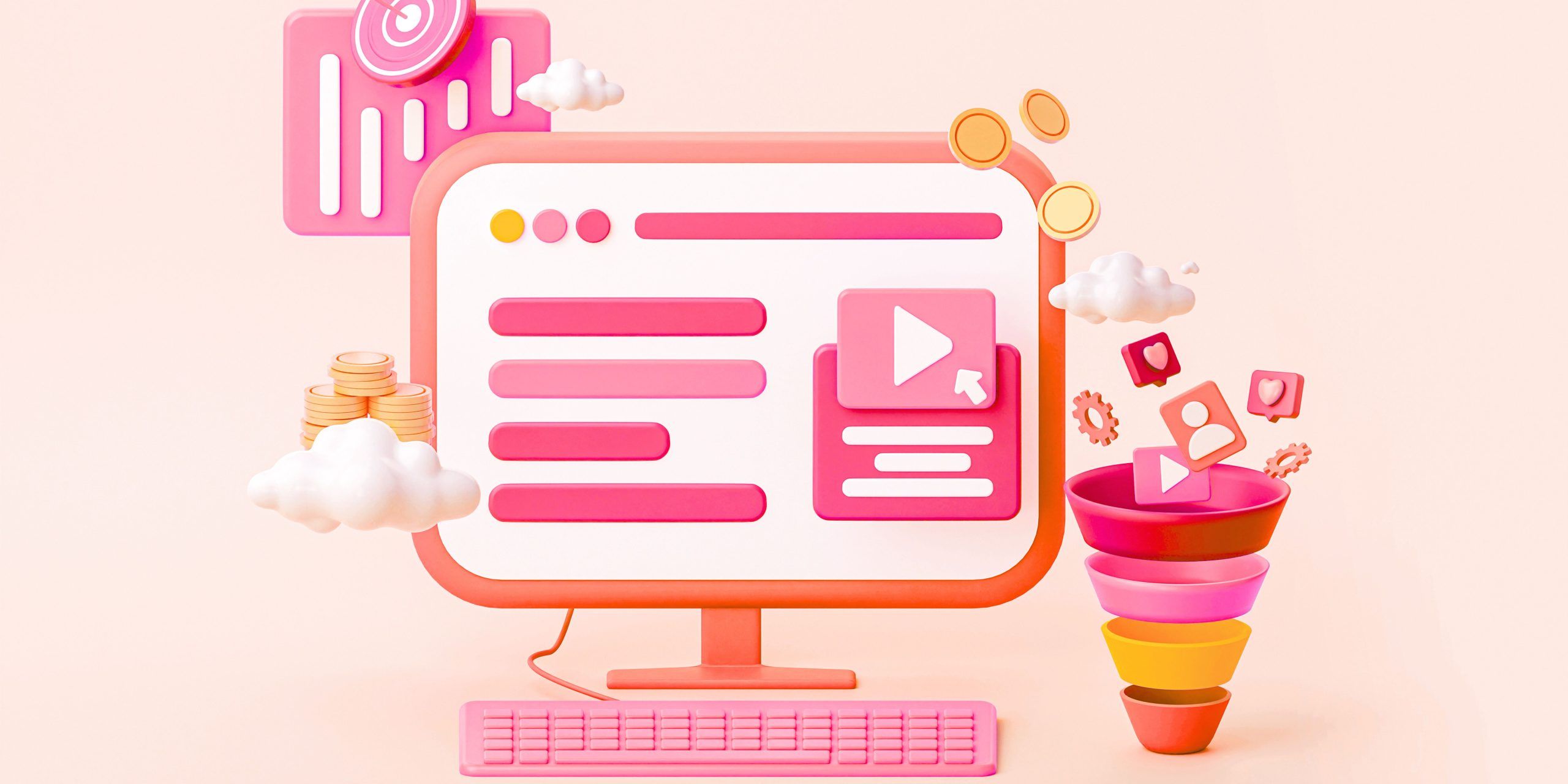 computer screen with marketing icons and coins